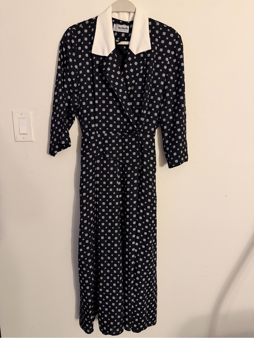Navy Polka Dot Long Sleeve Midi Dress with White Collar